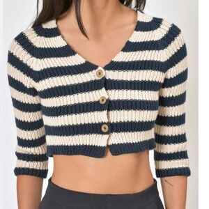 Rachel Comey Navy and Cream Striped Cropped Cardigan